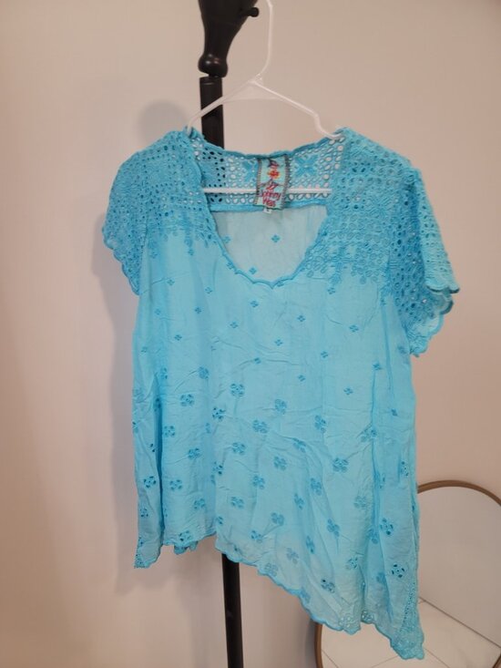 Johnny Was Tops - Johnny Was Darla Embroidered Scoop Eyelet Tunic Size S Blue